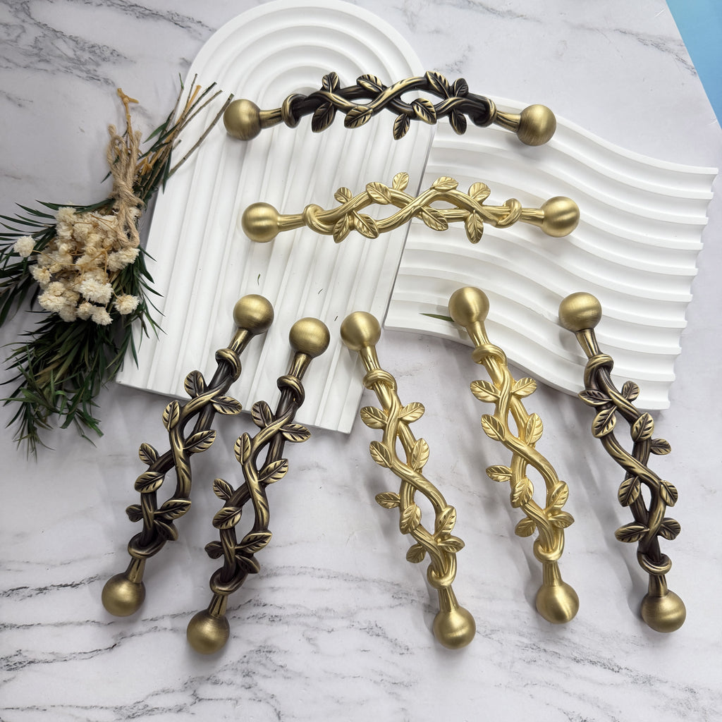 Brass Leaf Cabinet Handles – Twisted Vine Drawer Pulls