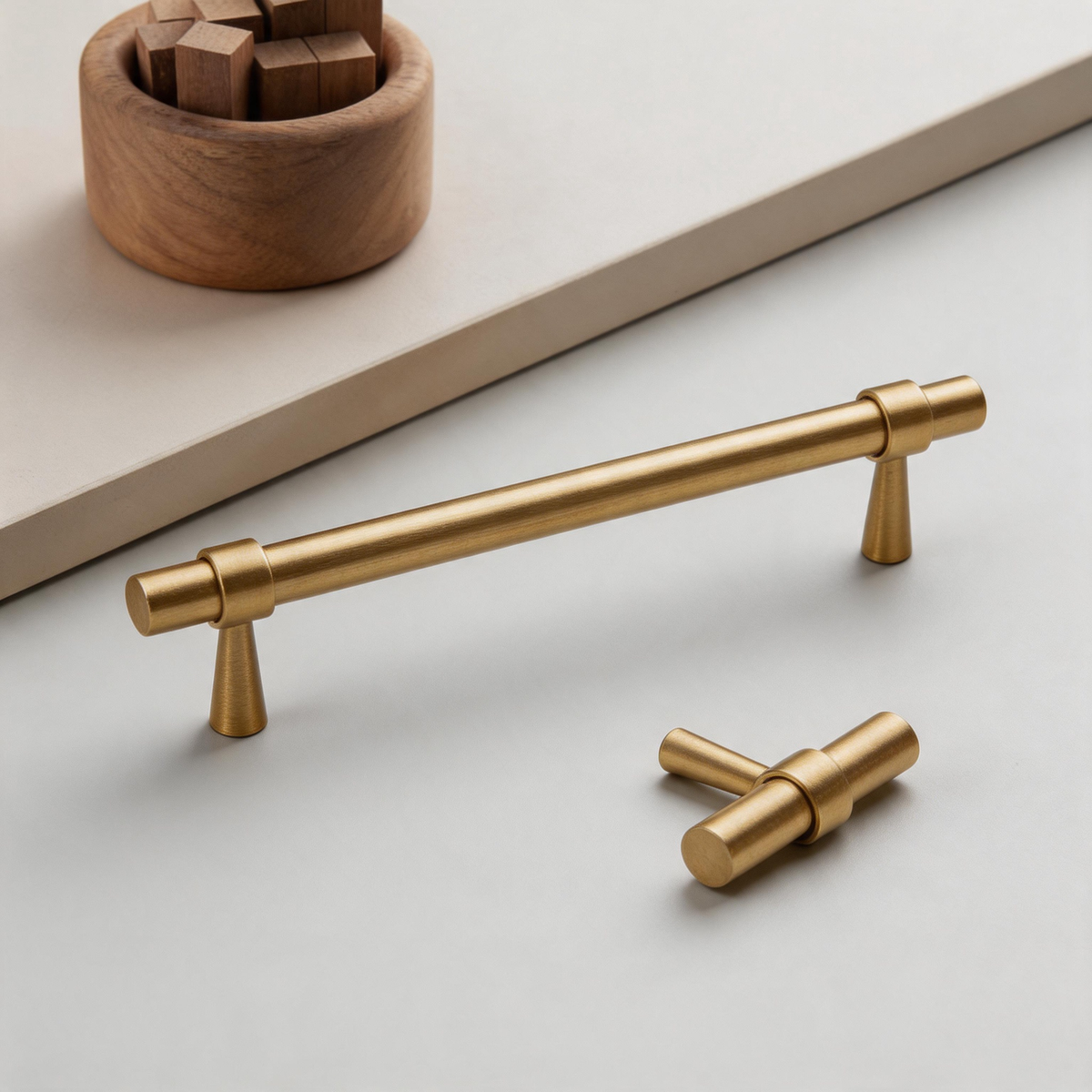 Brass Cabinet Handles & T-Bar Knobs with Collar Details