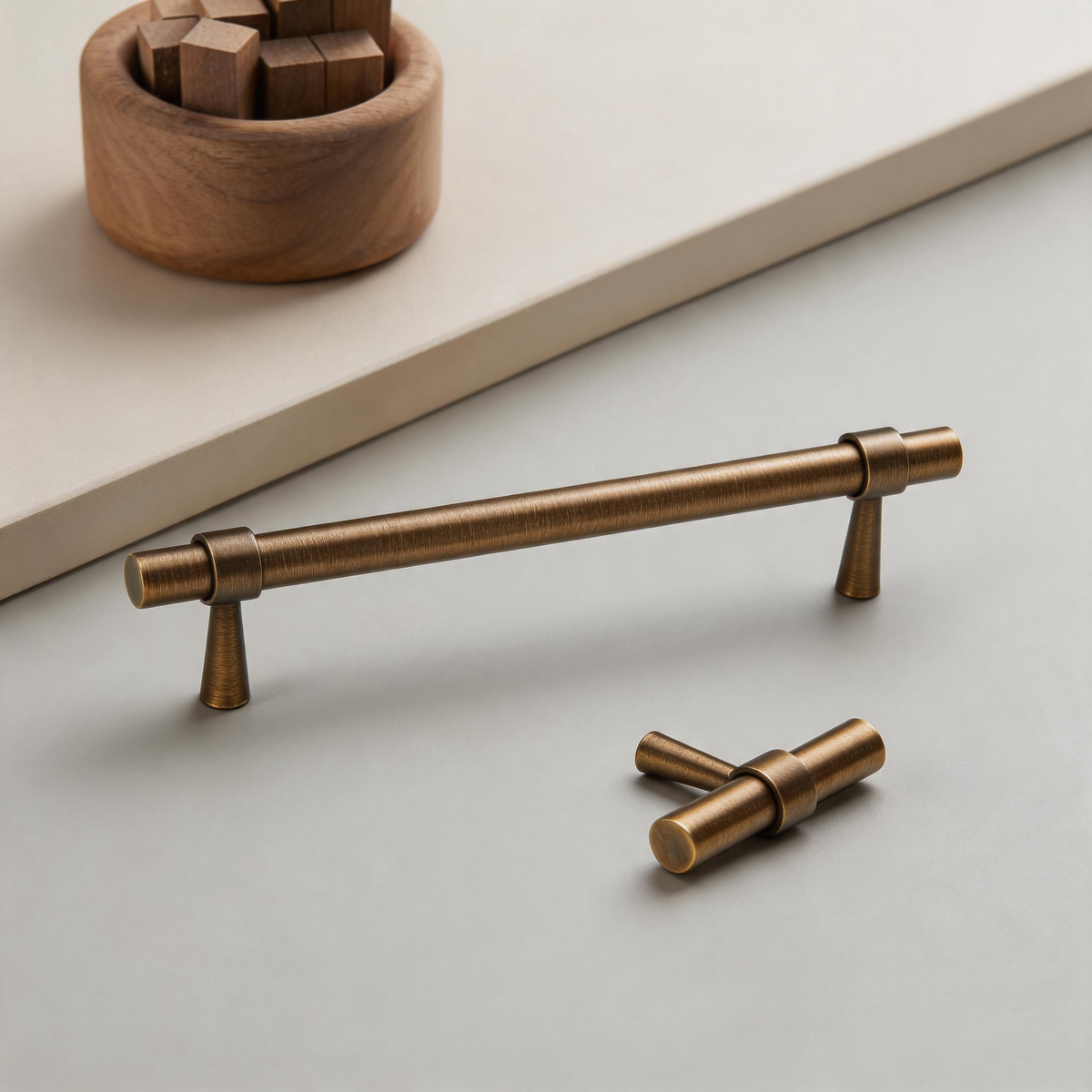 Brass Cabinet Handles & T-Bar Knobs with Collar Details