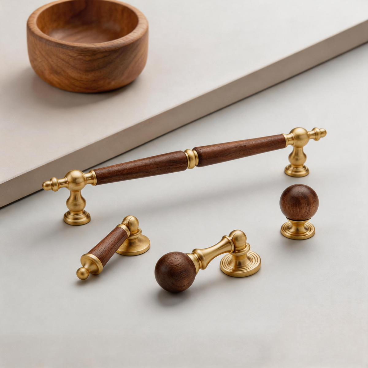 Brass Cabinet Handles & Knobs with Wood-Look Accents