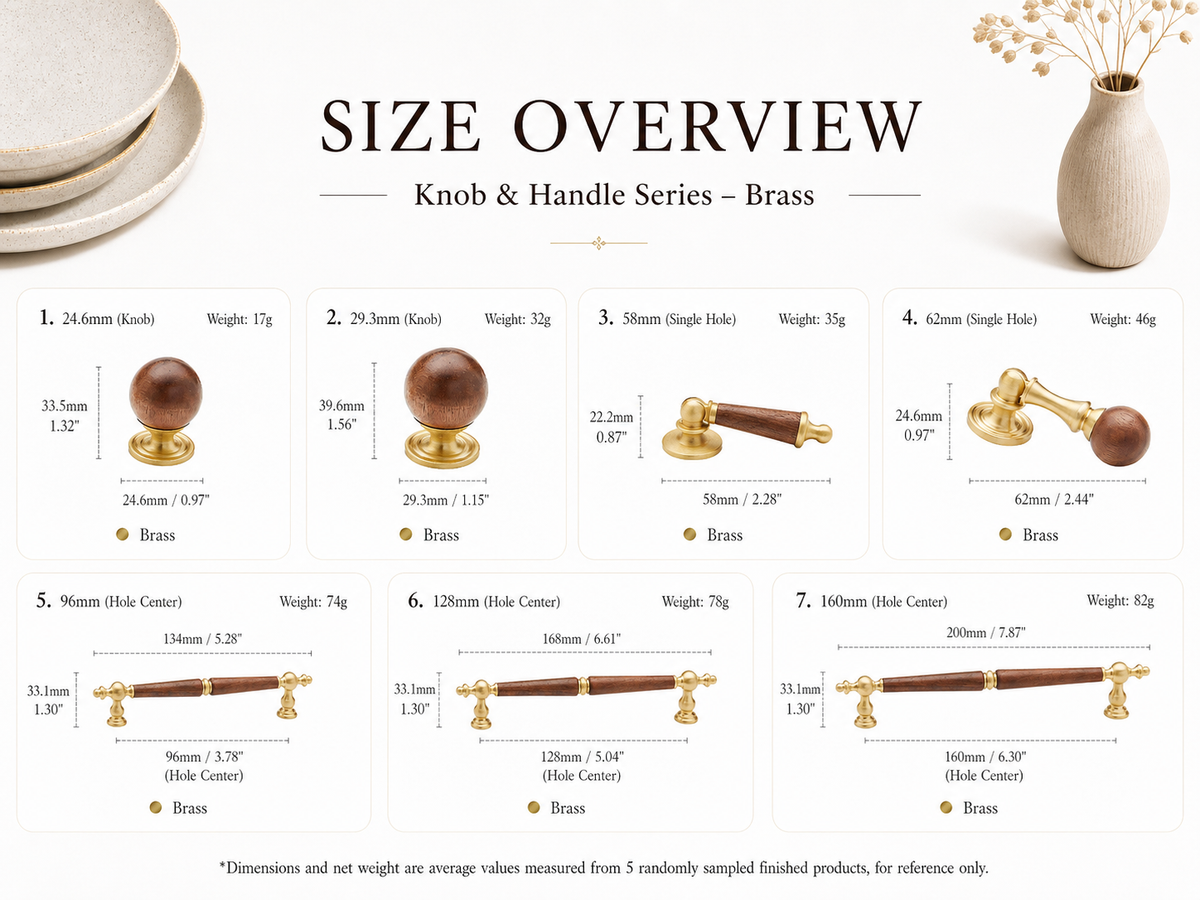 Brass Cabinet Handles & Knobs with Wood-Look Accents