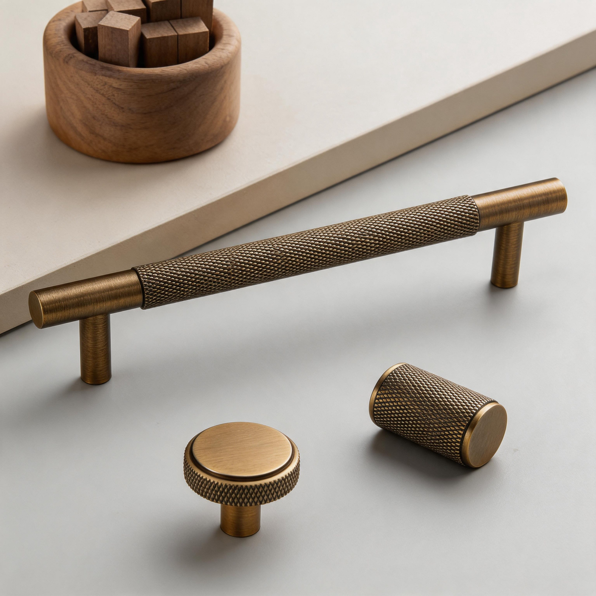 Knurled Brass Cabinet Handles & Matching Knobs