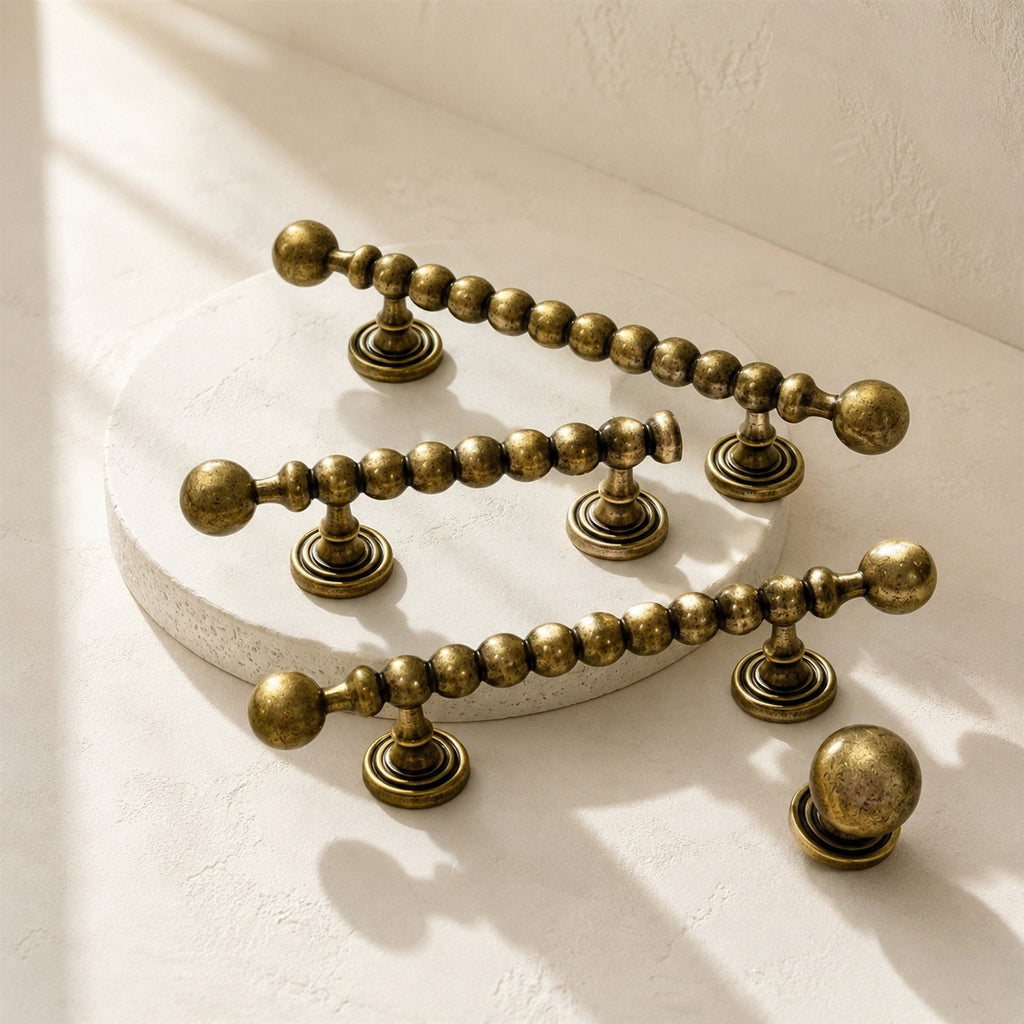 Beaded Brass Cabinet Handles with Ball Finials