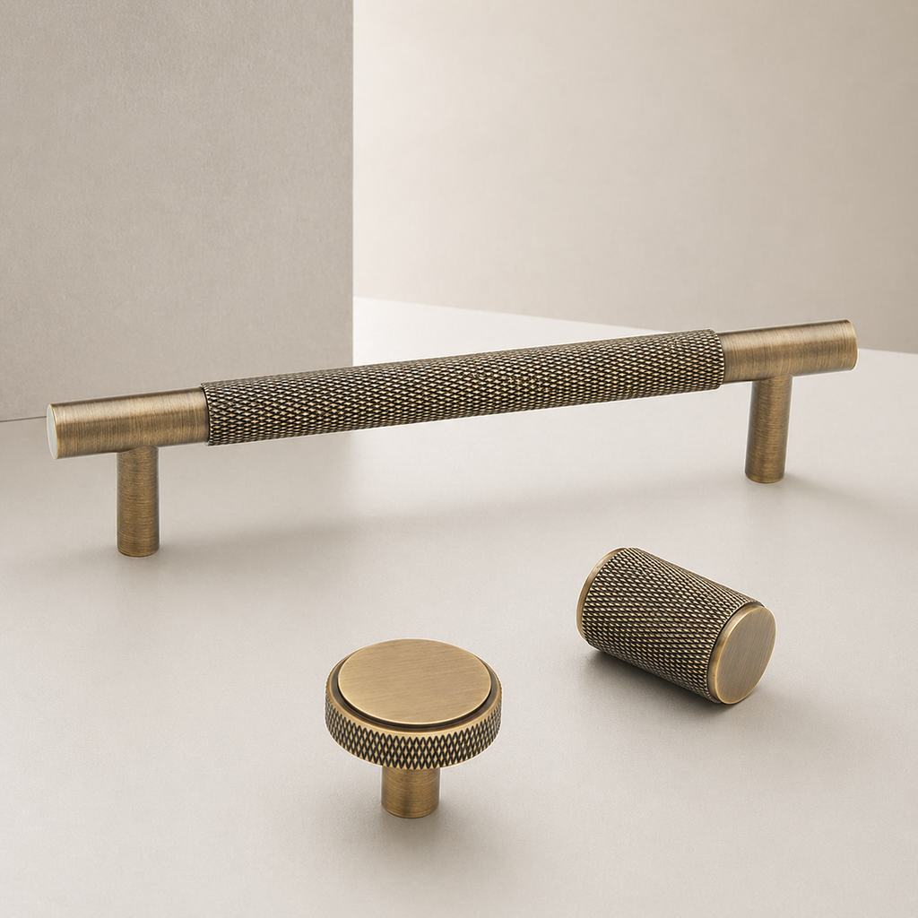 Knurled Brass Cabinet Handles & Matching Knobs