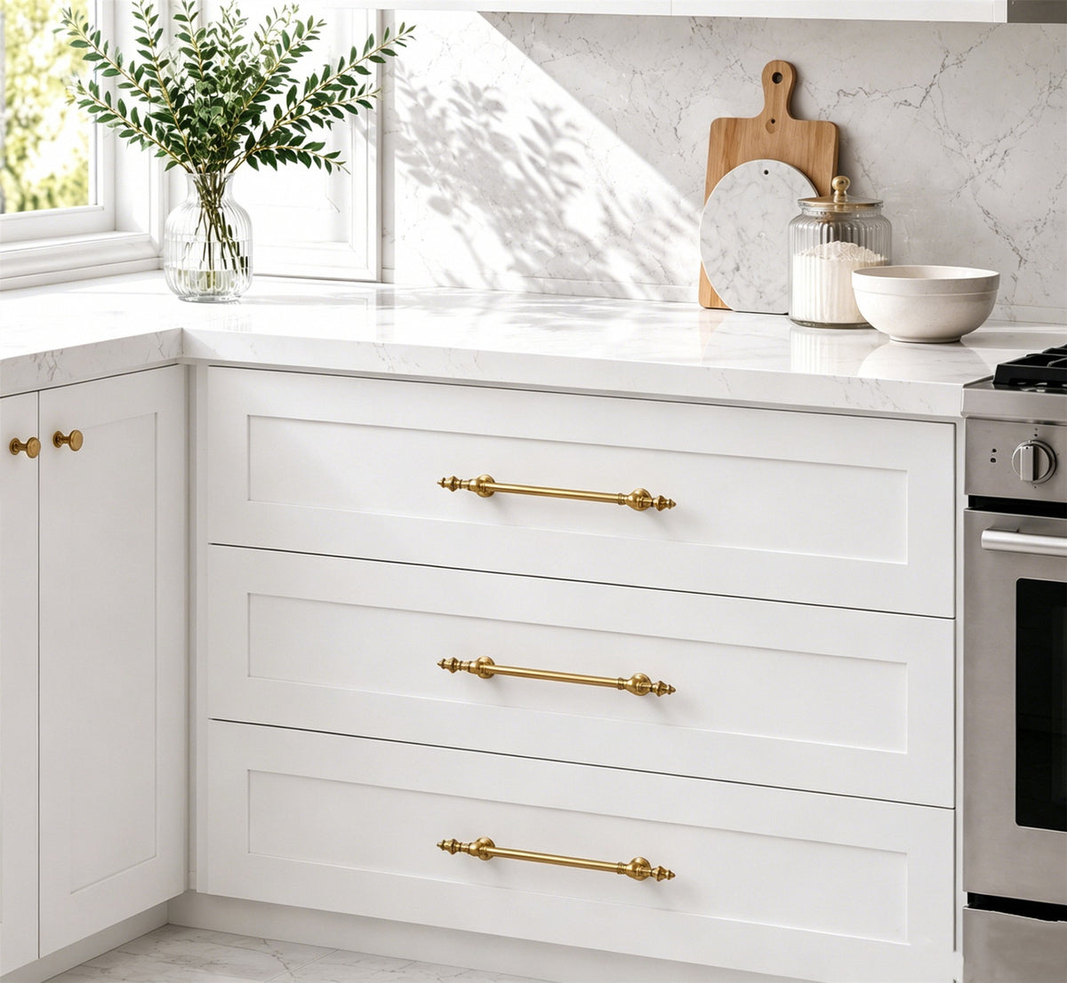 Ornate Brass Cabinet Handles with Bud Finials