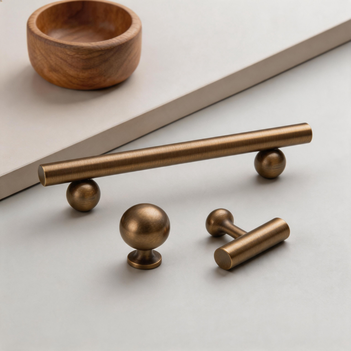 Brass Cabinet Handles with Ball Supports & Matching Knobs