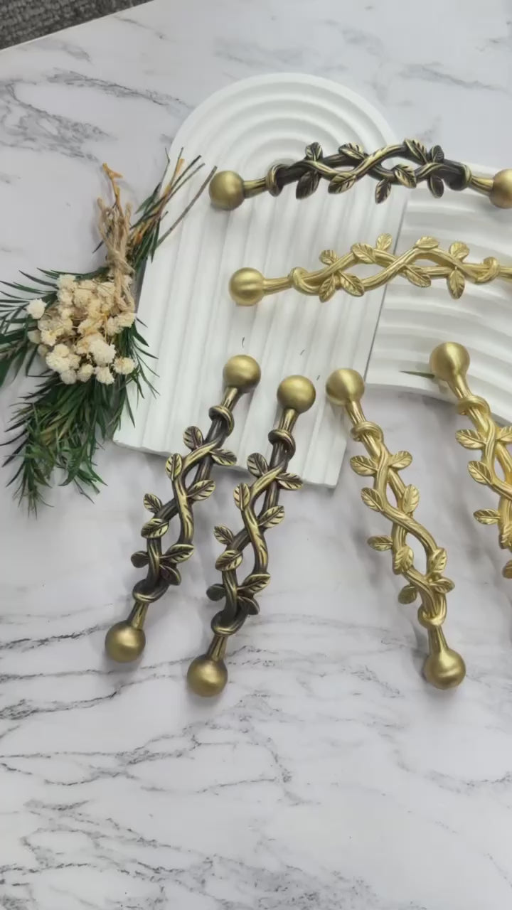 Brass Leaf Cabinet Handles – Twisted Vine Drawer Pulls