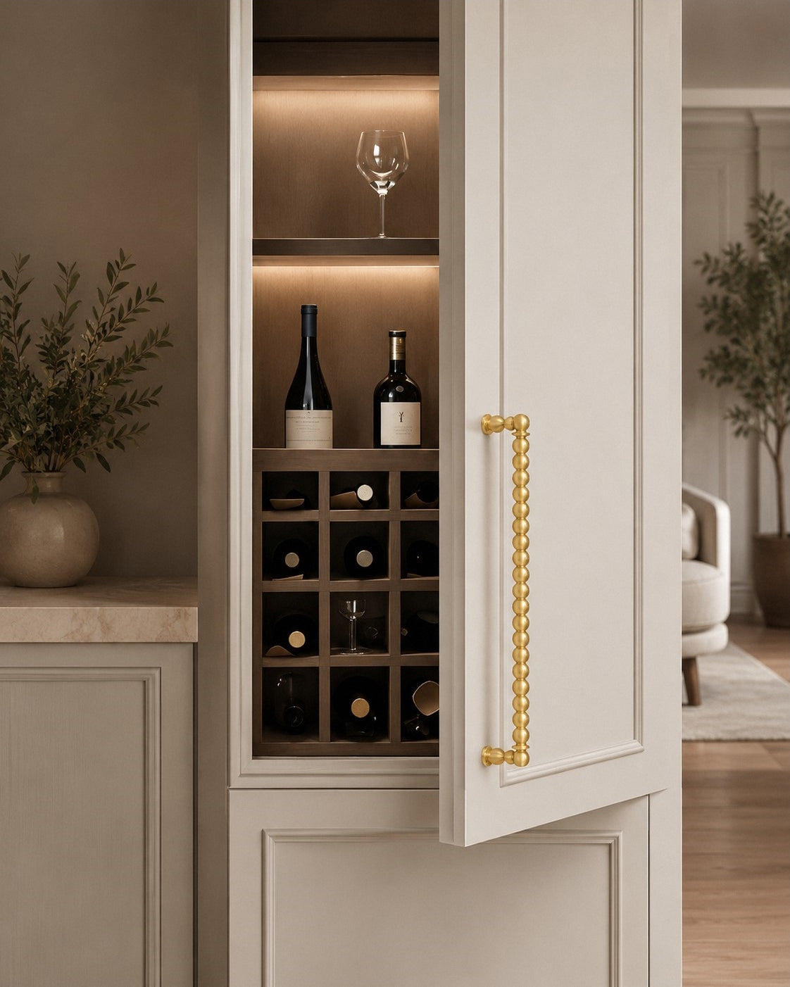 Beaded Brass Cabinet Handles with Round Bases