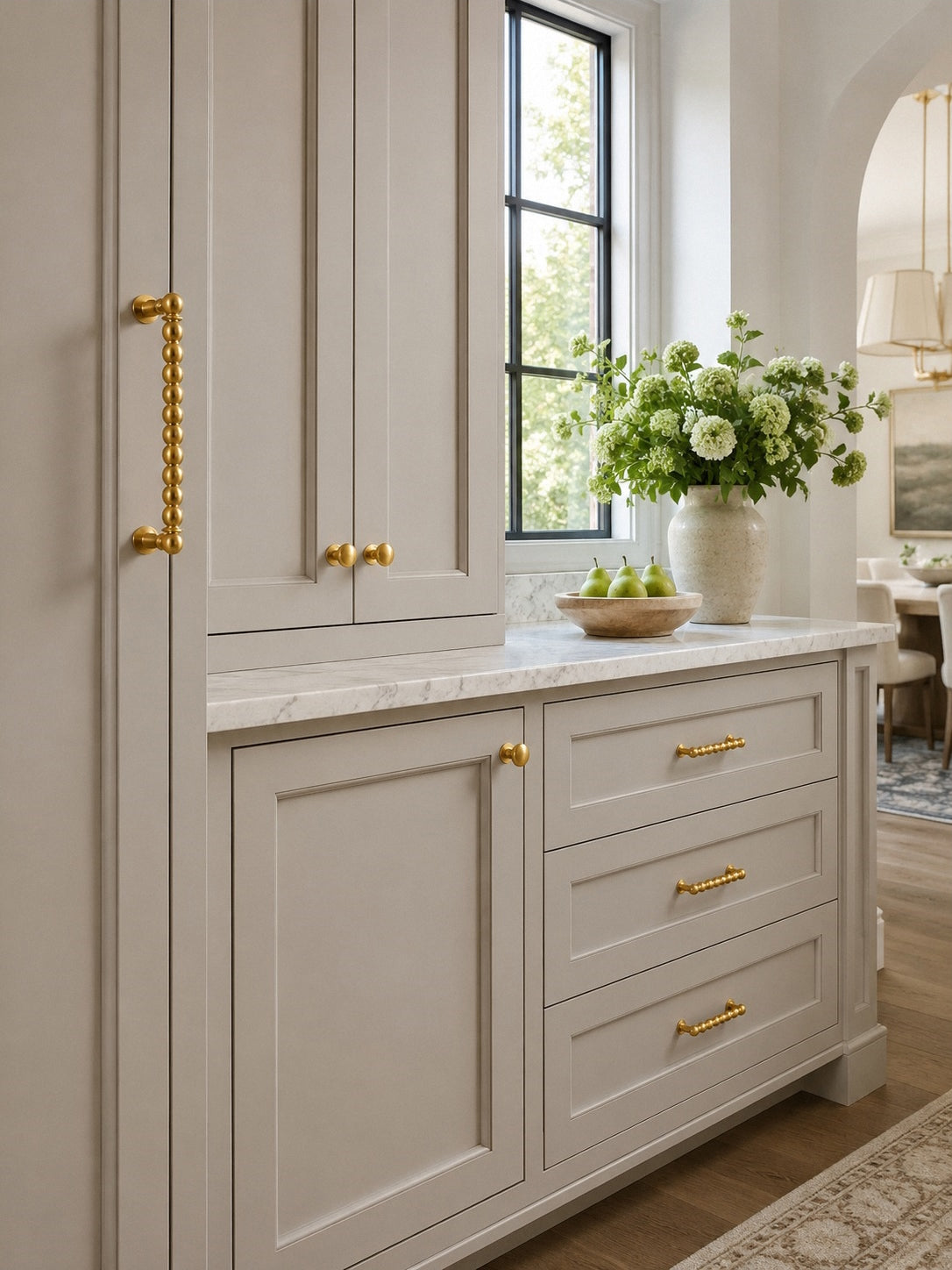 Beaded Brass Cabinet Handles with Round Bases