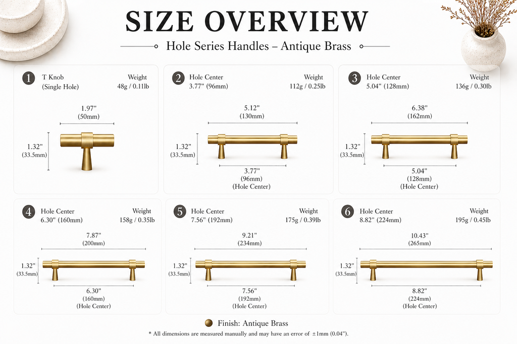 Brass Cabinet Handles & T-Bar Knobs with Collar Details